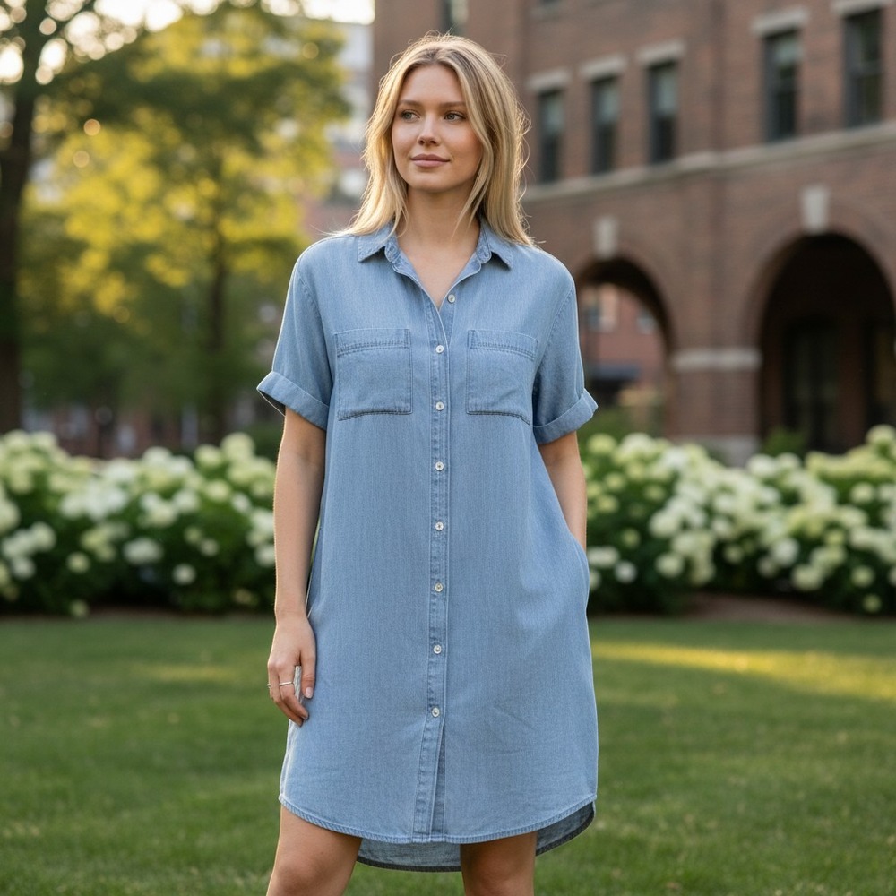 Madewell Denim Shirt Dress Womens XS Light Blue Cotton Linen Short Sleeve F0627